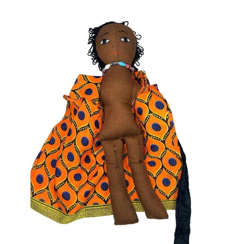 VTG Handmade African Folk Art Cloth Doll Orange Geometric Dress‎ Beaded Necklace